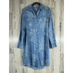 Chicos Denim Chambray Shirt Dress Size 000 or XS 0 Button Up Roll Tab‎ Floral